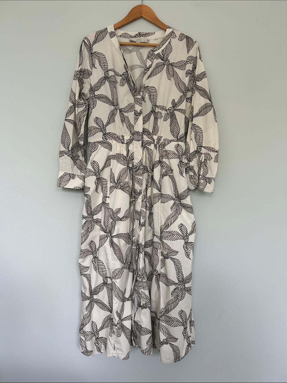 LOFT Cream Dress with Black bow Print